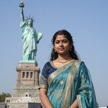 Indian female student smiling confidently with a backpack in a campus setting abroad