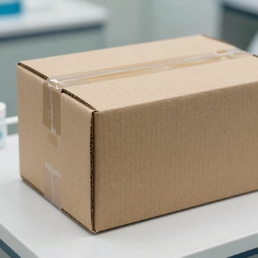 Tight macro shot of a secure, unbranded eco-friendly cardboard shipping box on a pristine white medical counter, soft side lighting.
