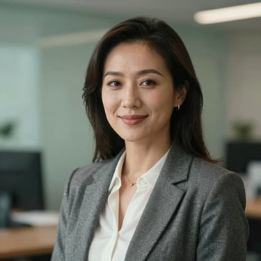 Professional portrait of a woman with a warm expression, dressed in professional attire, in a modern office setting in Georgia, US. The background is softly blurred with hints of sage green and charcoal.