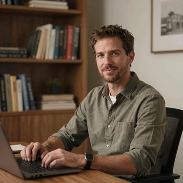 Portrait of a man in a modern home office with a bookshelf in the background, looking inspired and professional. Georgia, US setting, warm indoor lighting.