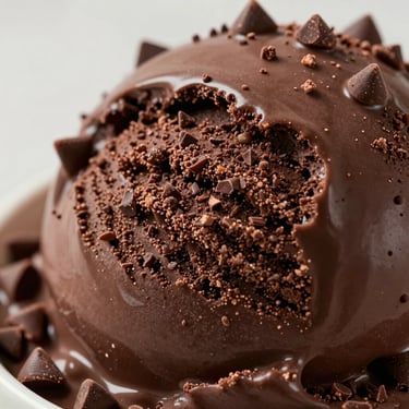 Close-up of dark chocolate ice cream with a glossy, rich texture and tiny chocolate flakes, daylight.
