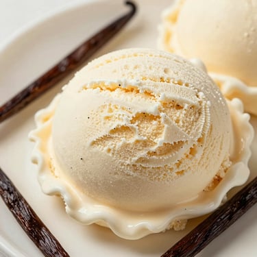 Macro shot of a scoop of vanilla bean ice cream showing tiny black specks of real Madagascar vanilla, soft cream background.