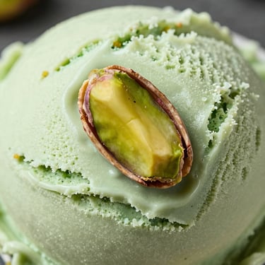 Macro shot of deep roasted pistachio ice cream, pale green texture.