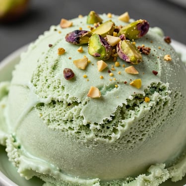 Textural shot of pale green pistachio ice cream with crushed raw Sicilian pistachios on top.