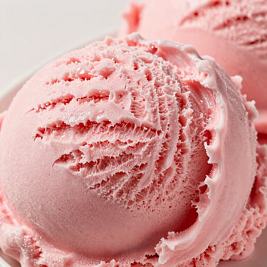 Macro shot of vibrant strawberry cream ice cream, soft pink texture.
