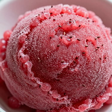 Vibrant pink raspberry sorbet with tiny seeds and a velvety, frozen texture, natural light.