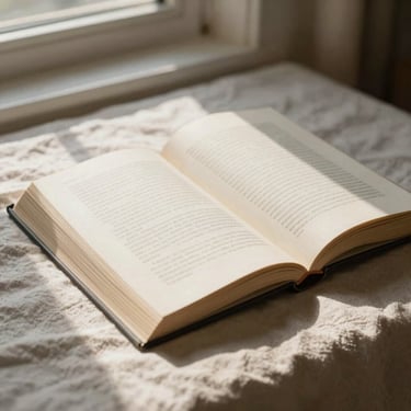A single book lying open on a soft linen sheet, warm morning light streaming across the pages