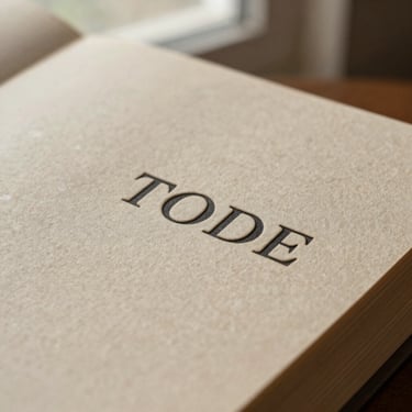 Macro close-up of a book cover showing textured handmade paper and letterpress ink, warm earth tones