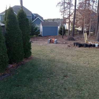 Burning wood and stacking split firewood in a suburban yard