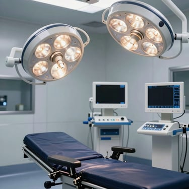 High-tech operating room interior featuring multi-jointed surgical lamps, adjustable surgical table, high-end monitoring screens in background