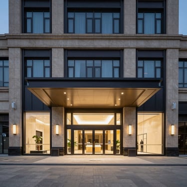 Symmetrical wide-angle architectural shot of a high-end commercial entrance at dusk, sharp twilight lighting, deep navy and warm champagne tones
