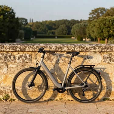 A premium modern electric bike resting against a warm limestone wall of a Burgundy estate, soft morning golden hour lighting.