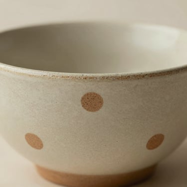 Beige stoneware bowl with charcoal and terracotta dot patterns, close-up texture shot, soft side-light