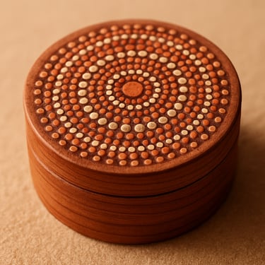 Round cedar wood box with intricate terracotta dot painting, soft natural lighting, warm sand background