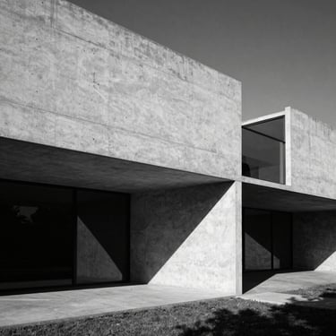 High-contrast black and white medium format architectural photograph of a minimalist concrete villa, sharp angles, dramatic natural light.