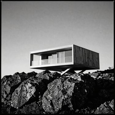 High-contrast black and white medium format architectural photograph of a cantilevered residence over a rocky outcrop, dramatic morning sun.
