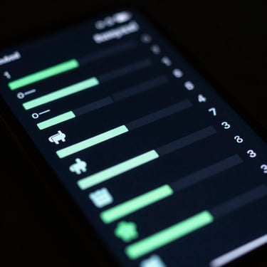 Macro shot of a physical Android screen displaying a terminal-style gesture mapping interface, sharp neon cyan accents on deep charcoal background, low-key lighting