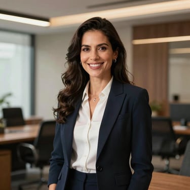 A smiling professional woman in elegant attire, standing in a contemporary Latin American office with warm, professional lighting.