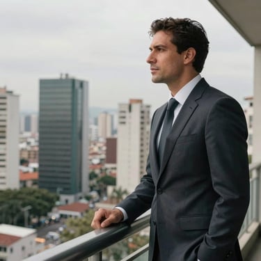 A professional man in a sharp suit looking over a balcony at a city skyline in a Latin American capital, confident and sophisticated expression.