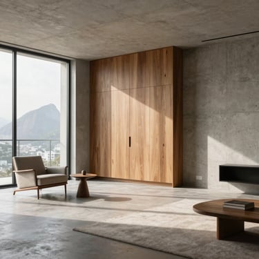 Minimalist interior of a luxury apartment in Rio Preto, concrete walls, natural wood panels, elegant furniture, soft morning light filtering through large windows.