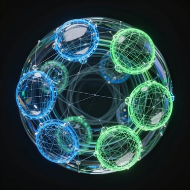 Abstract 3D geometric wireframe of interconnected glass spheres glowing with cyber blue and electric green rim highlights, dark background, technical schematic style.