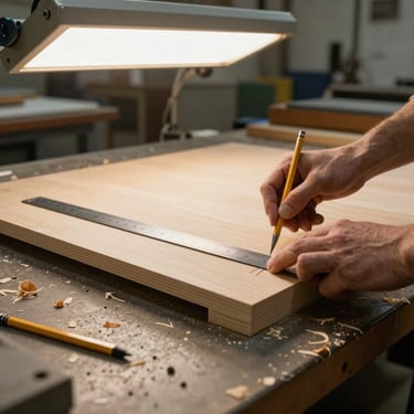 Detail shot of hands measuring a custom desk panel on a workbench in a factory, warm skylight above, wood shavings on the surface, steel ruler and pencil marks visible on the material