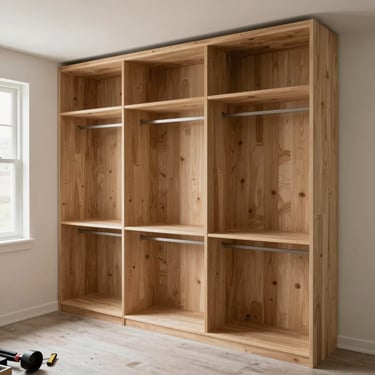 Wide environmental shot of a built-in closet unit mid-installation in an empty bedroom, natural daylight from an unseen window to the left, raw wood panels and shelf brackets visible, tools resting on the floor below