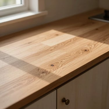 Close-up overhead view of a finished kitchen cabinet countertop in warm wood veneer with visible grain, afternoon natural light from a side window, hardware detail in the foreground, clean empty worktop surface