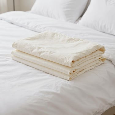 Crisp white bedding and neatly folded cream sheets on a modern bed, bright even daylight, clean orderly interior, 35mm