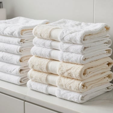 Neatly folded stacks of high-quality bath towels and linens in a clean modern bathroom setting, bright neutral light, 35mm