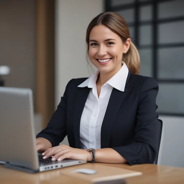 A smiling businesswoman reviewing marketing plans on a laptop in a modern office.