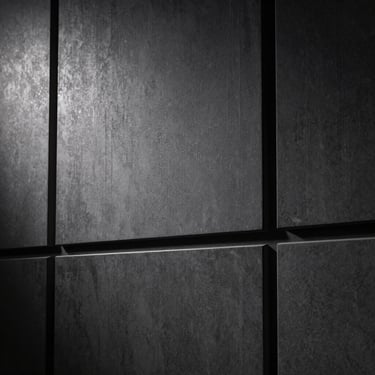Architectural acoustic paneling on a modern concrete wall, clean geometric lines, sharp grazing light highlighting texture.