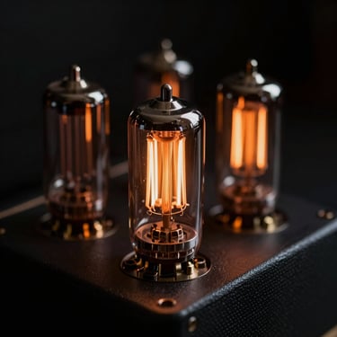 Close-up of a vacuum tube amplifier glowing in a dark room, warm orange filament light contrasting with deep charcoal chassis.