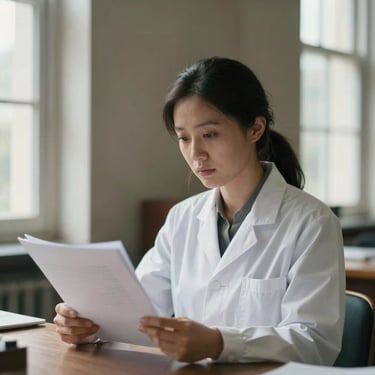 Editorial portrait of a female researcher looking over a manuscript in a classic library, soft window light, 35mm