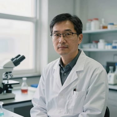 Editorial portrait of a male researcher in a clean modern laboratory, soft natural lighting, muted tones, 35mm