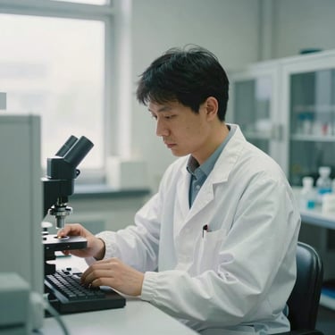 Editorial portrait of a researcher working with clean-room equipment, soft daylight, muted colors, 35mm