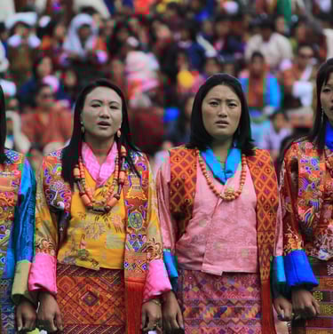 Bhutanese-Women-performing-folk-Song-dances-at-Thimphu-Bhutan-Masked-Dances-Tshechu-Festival