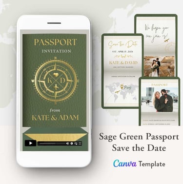 sage green passport save the date invitation video template, digital sage green save the date invite