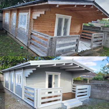 Before and after comparison of a wooden garden log cabin painted with light grey exterior wood stain.