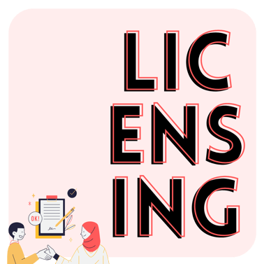 a woman is standing in front of a sign that says licensing.