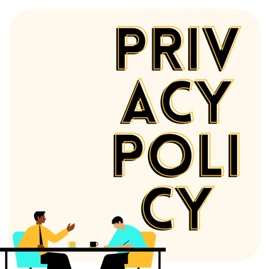 Two men sitting at a table with a privacy policy sign behind them.
