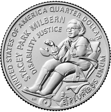 Screenshot of detailed mock up of US Quarter during the design stage. Stacey is prominent with her hand to trach speaking.