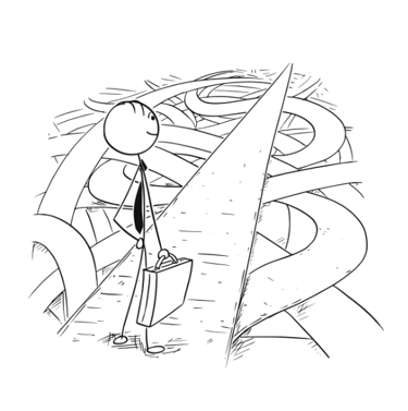 A man staring at a straight path with many confusing paths around it