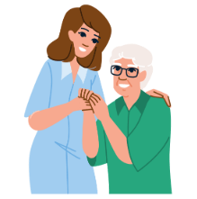 a nurse supporting an elderly woman