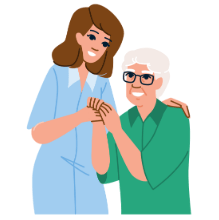 a nurse supporting an elderly woman