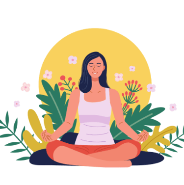 a woman sitting in a lotus position meditating with flowers and the sun behind her