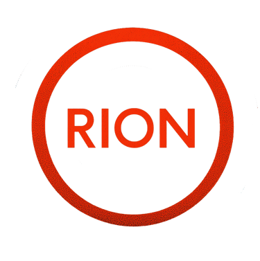 a red and black logo with the word, RION.