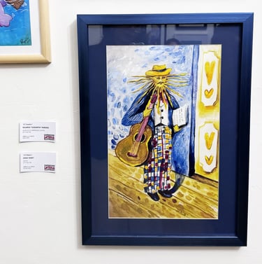 Surreal watercolor painting of a whimsical street musician with a guitar in a blue frame by Edna Yan