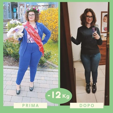 "Trasformazione fisica prima e dopo il percorso nutrizionale con perdita di 12 kg"