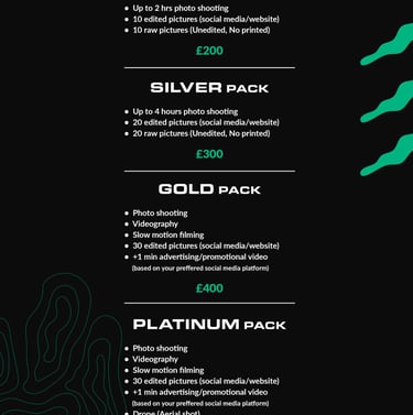 Fred Art Studio pricing charts for business packages.